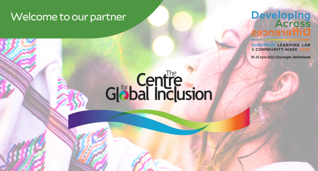 woman wearing colorful clothing under partner logo