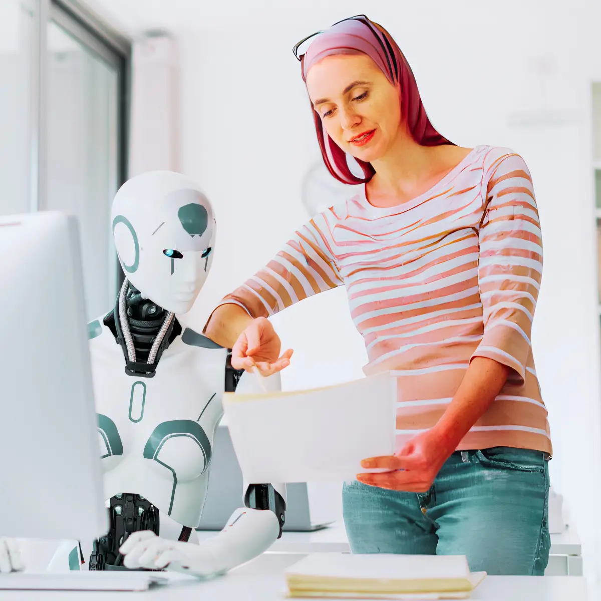 woman with hijab pointing to paper with a robot looking from behind a computer