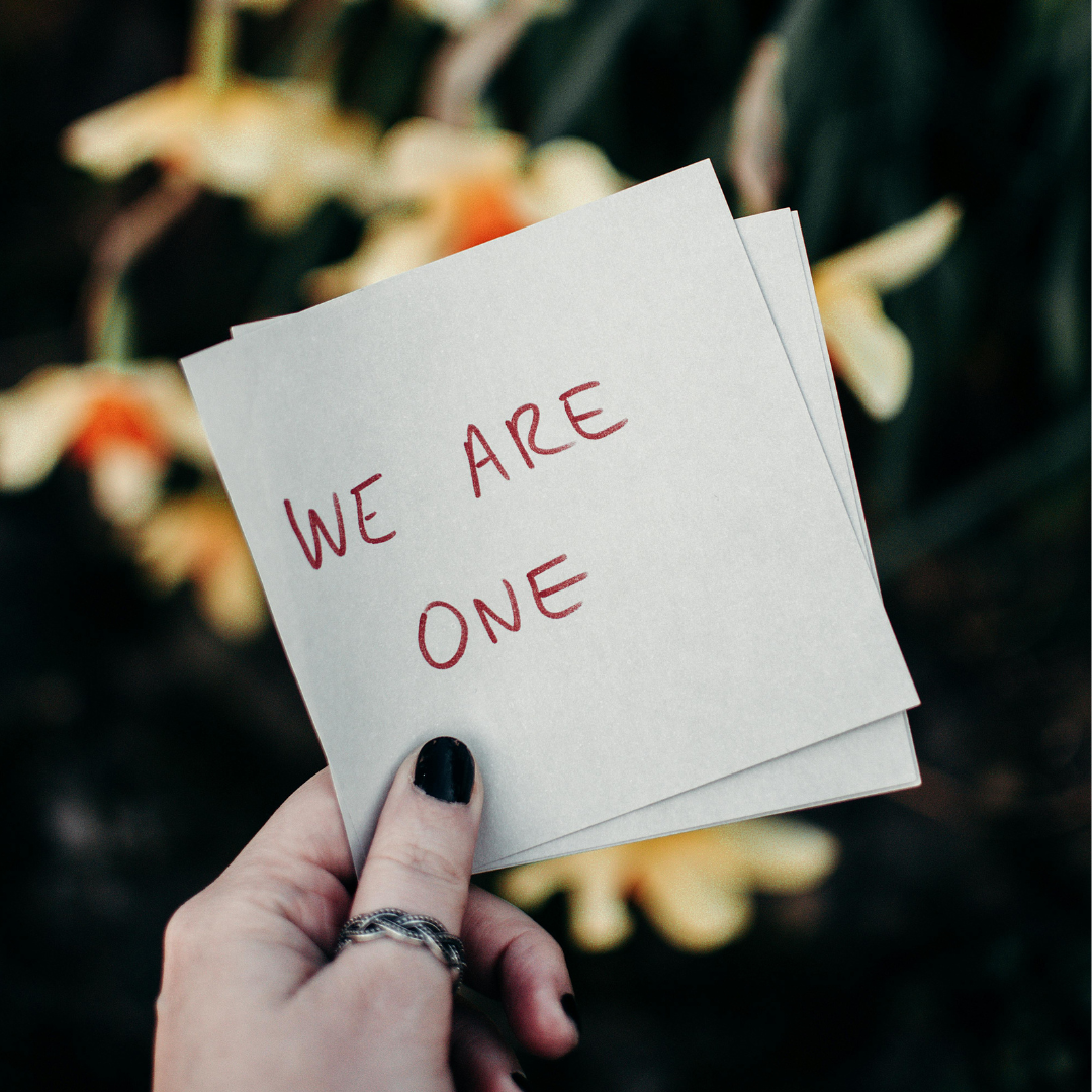 Hand holding sign that says "We are one"
