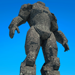 brutalist style sculpture of man shot from feet looking upward