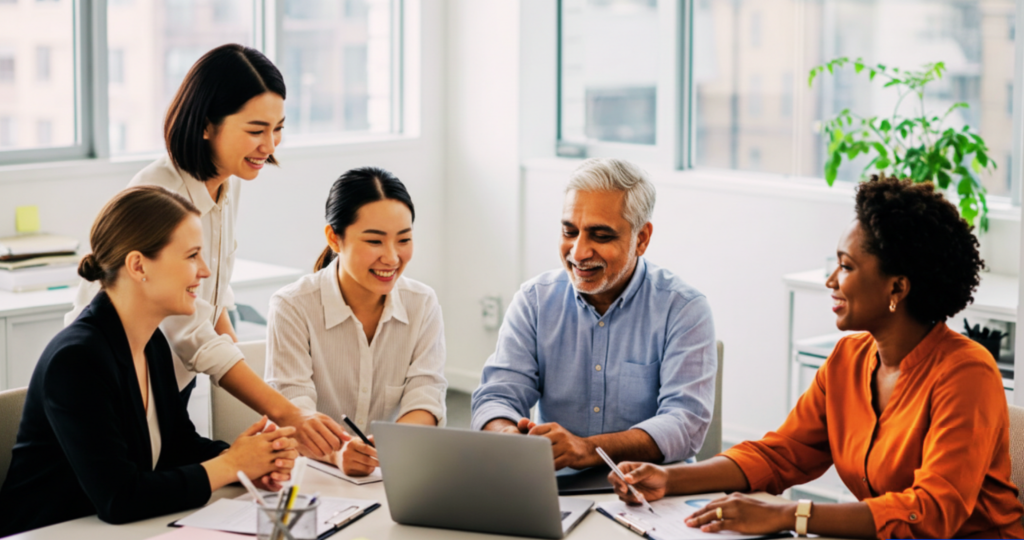 5 professionals working together at a table