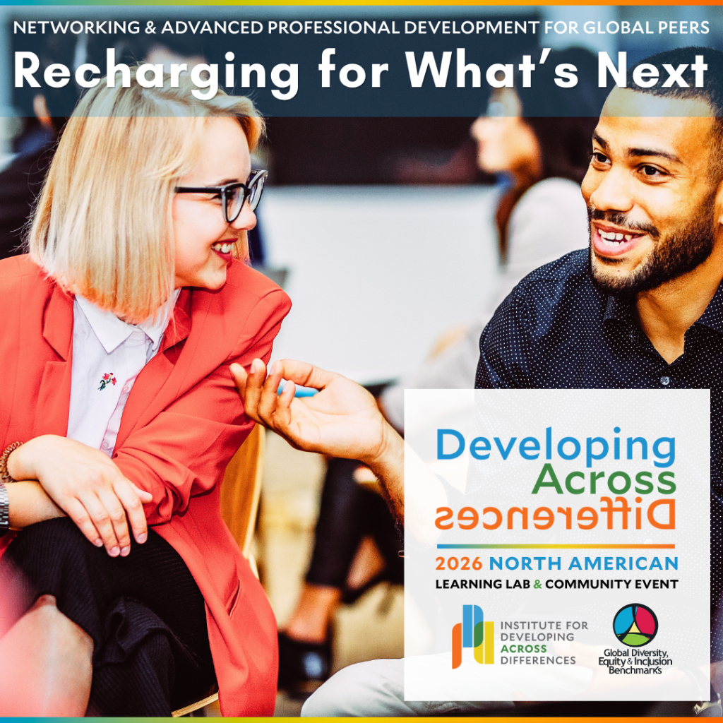 two professionals talking + logo