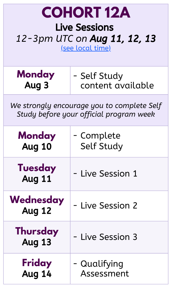 COHORT 12A
Live Sessions 
12-3pm UTC on Aug 11, 12, 13