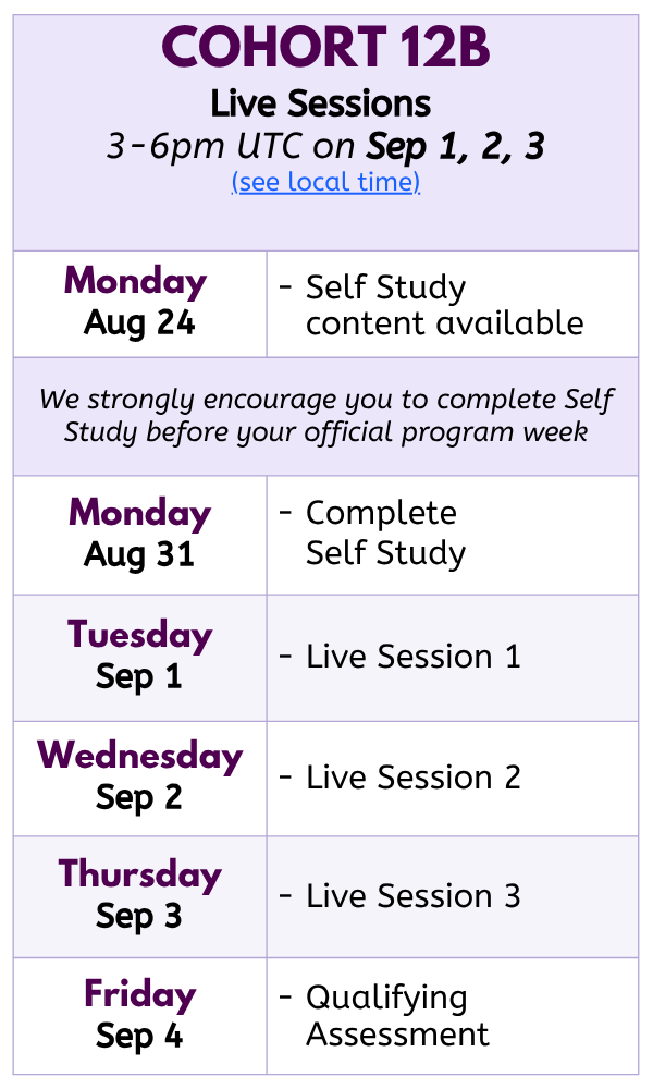 COHORT 12B
Live Sessions 
3-6pm UTC on Sep 1, 2, 3
