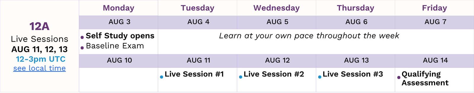 COHORT 12A Live Sessions 12-3pm UTC on Aug 11, 12, 13