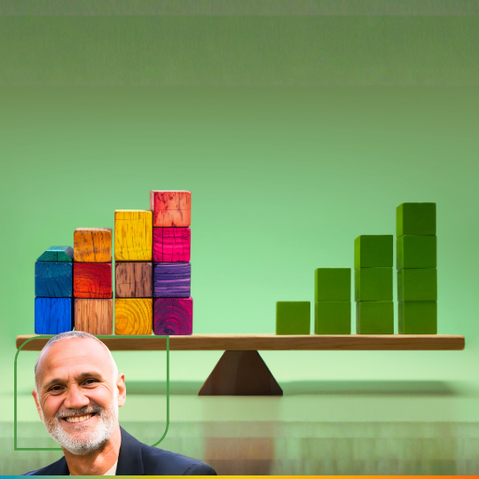 2 bar charts balanced on a see-saw - one colorful, the other only green + Gamiel Yafai