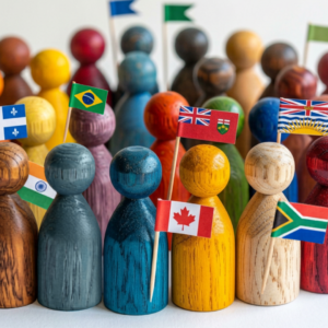 colorful wooden figures holding national and local flags