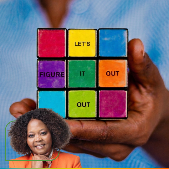 hand holding rubik cube that says "let's figure it out" + Nene Molefi